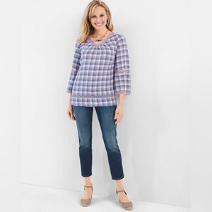 Chico’s Purple Crochet-Detail Gingham Linen Popover 3/4 Sleeve Top Size M